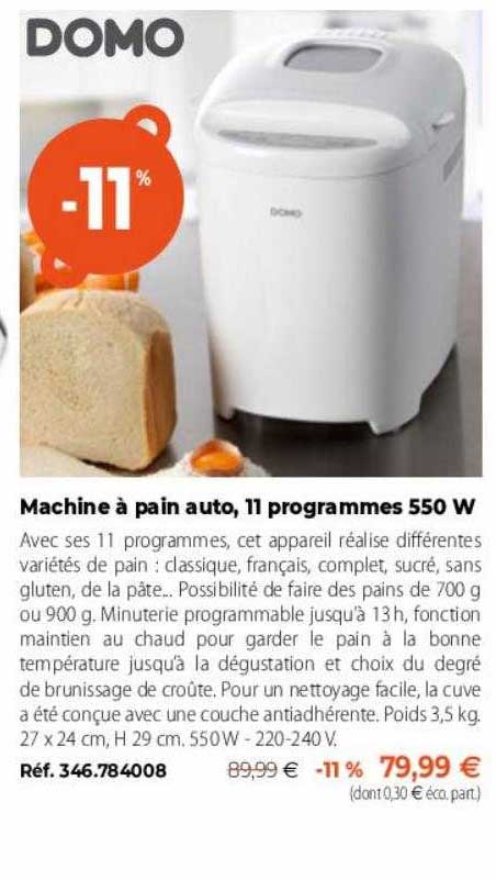 machine à pain auto, 11 programmes 550 w domo