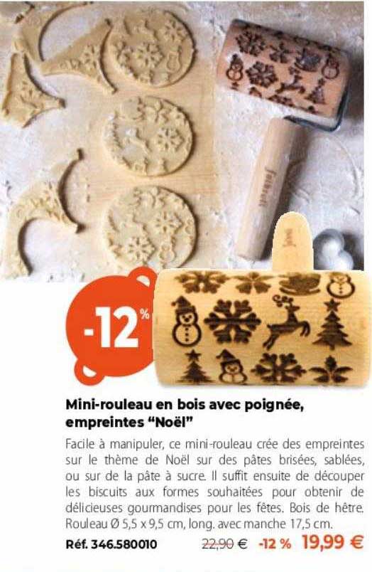 mini-rouleau en bois avec poignée, empreintes "noël"