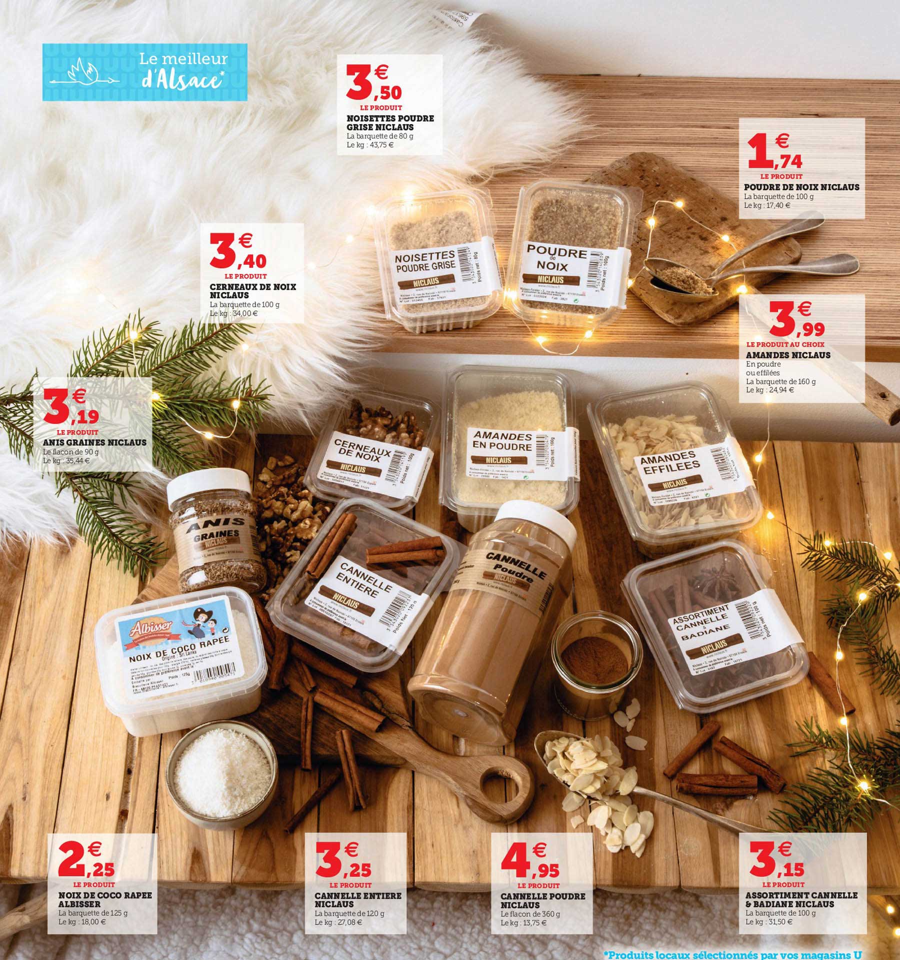 noisette poudre grise niclaus, cerneaux de noix niclaus, anis graines niclaus, noix de coco râpée albisser, cannelle entière niclaus, cannelle poudre niclaus, assortiment cannelle & badiane niclaus