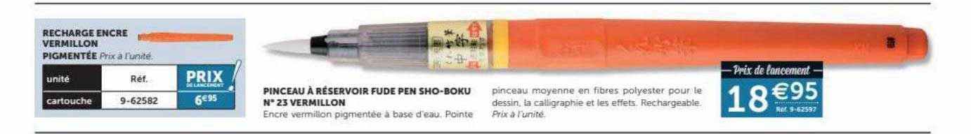 pinceau à réservoir fude pen sho-boku n° 23 vermillon, recharge encre vermillon pigmentée