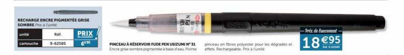 pinceau à réservoir fude pen usizumi n° 31, recharge encre pigmentée grise