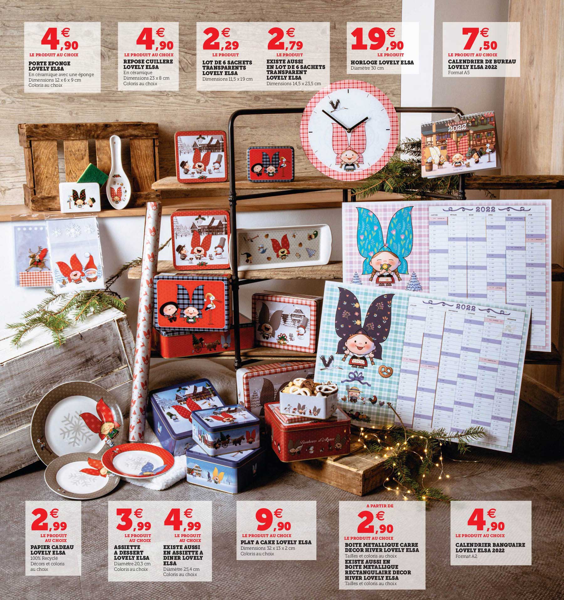porte éponge lovely elsa, repose cuillère lovely elsa, lot de 6 sachets transparents, horloge, calendrier de bureau 2022, papier cadeau, assiette à dessert, assiette à diner, plat à cake