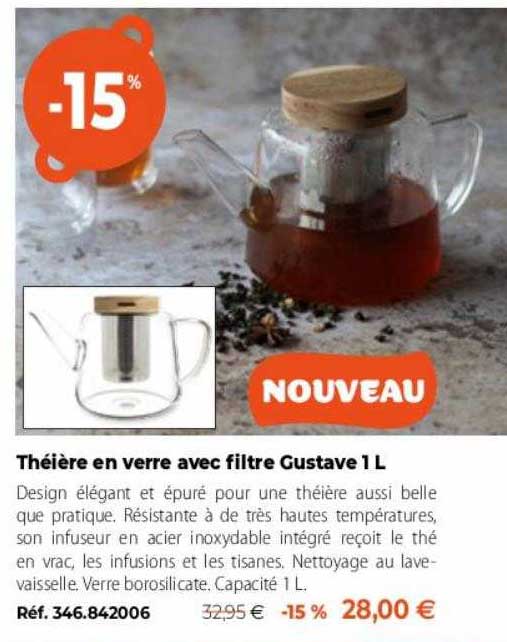 théière en verre avec filtre gustave 1 l