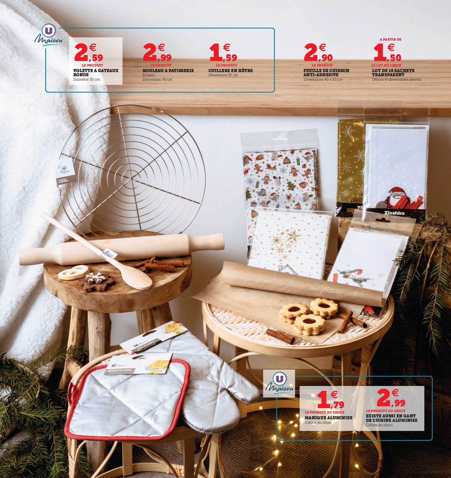 volette à gâteaux ronde, rouleau à pâtisserie, cuillère en hêtre, feuilles de cuisson antiadhésive, lot de 10 sachets transparents, manique aluminise, gant de cuisine aluminise