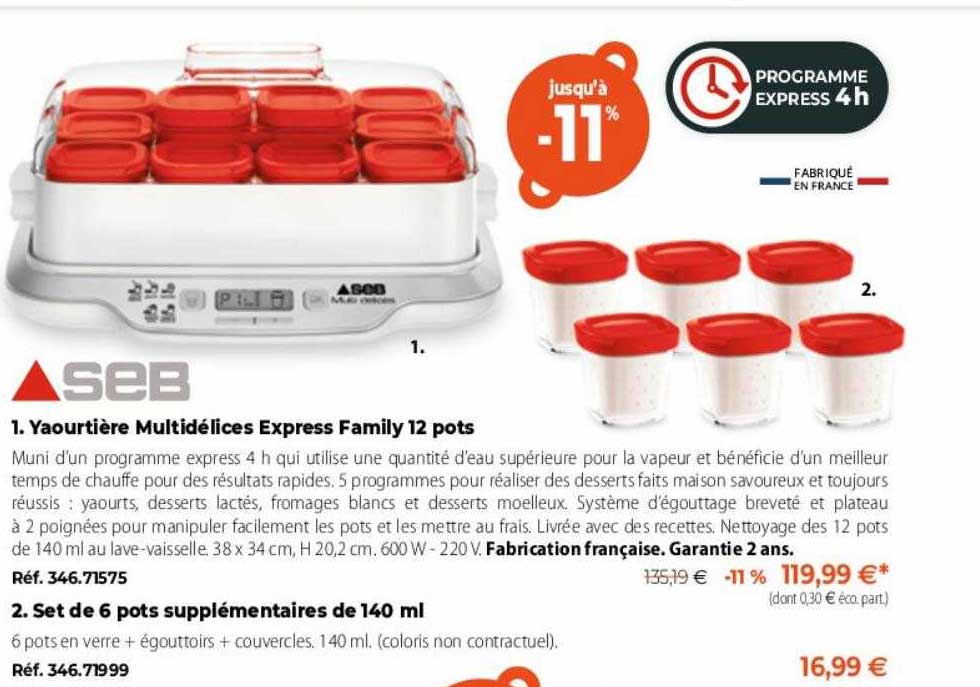 yaourtière multidélices express family 12 pots seb, set de 6 pots supplémentaires de 140 ml