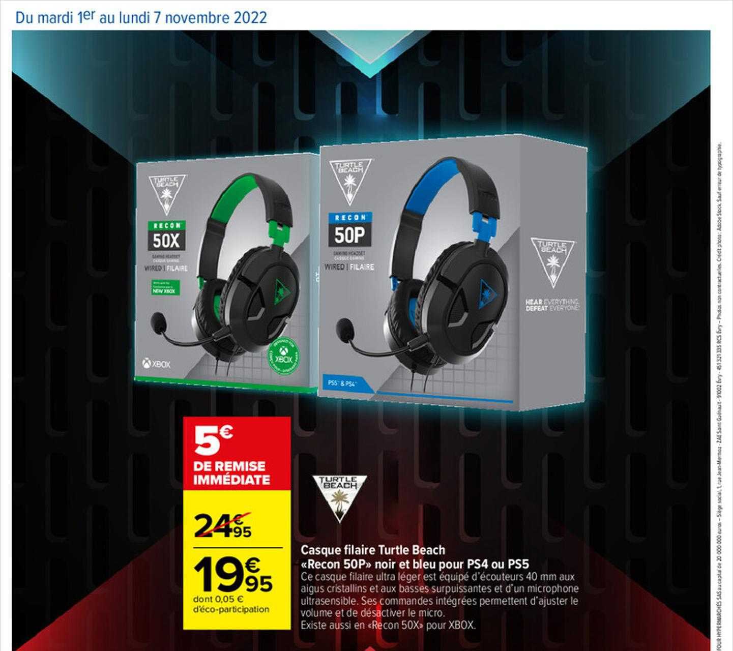 casque filaire turtie beach «recon 50p» noir et bleu pour ps4 ou ps5