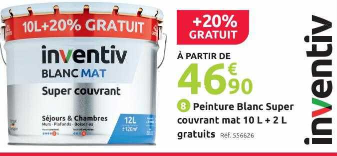 peinture blanc super couvrant mat 10l + 2l gratuits inventiv