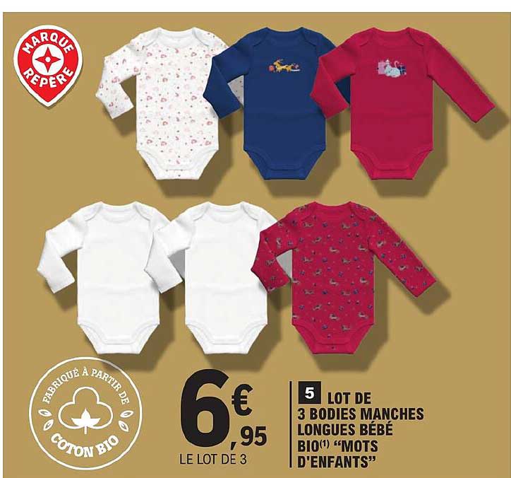 lot de 3 bodies manches longues bébé bio "mots d'enfants"