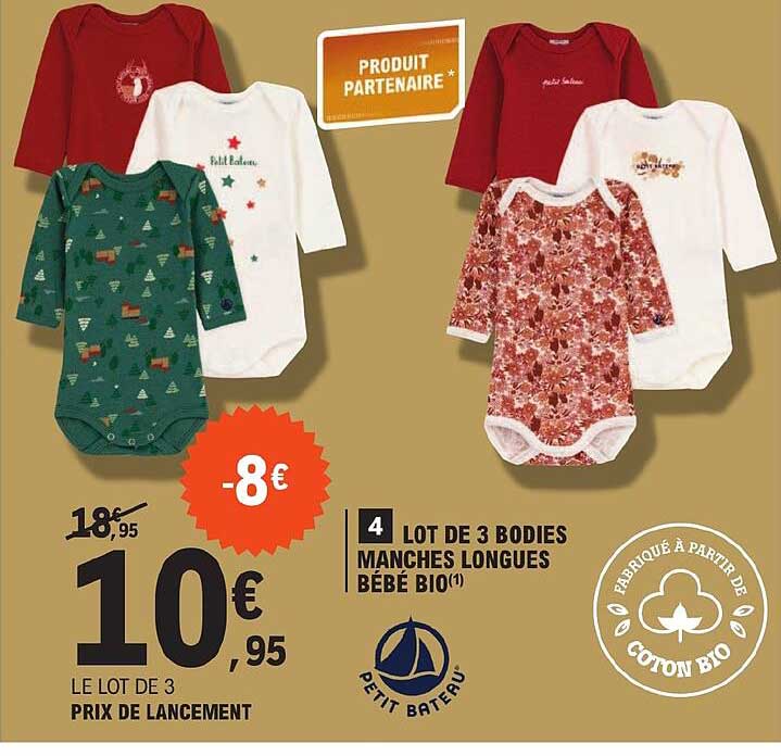 lot de 3 bodies manches longues bébé bio petit bateau