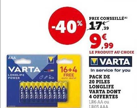 pack de 20 piles longlife varta dont 4 offertes