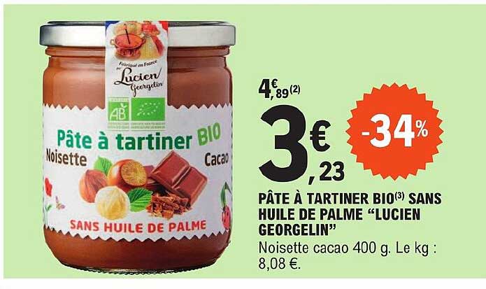 pâte à tartiner bio sans huile de palme "lucien georgelin"