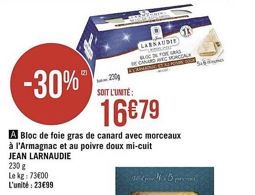 bloc de foie gras de canard avec morceaux à l'armagnac et au poivre doux mi-cuit jean larnaudie