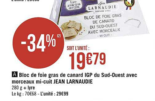 bloc de foie gras de canard igp du sud-ouest avec morceaux mi-cuit jean larnaudie
