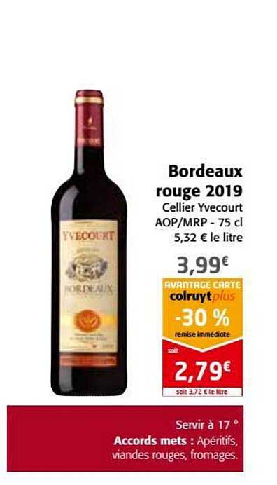 bordeaux rouge 2019 cellier yvecourt aop mrp