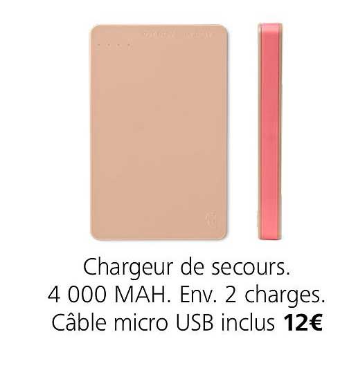 chargeur de secours. 4000 mah. env. 2 charges. câble micro usb inclus