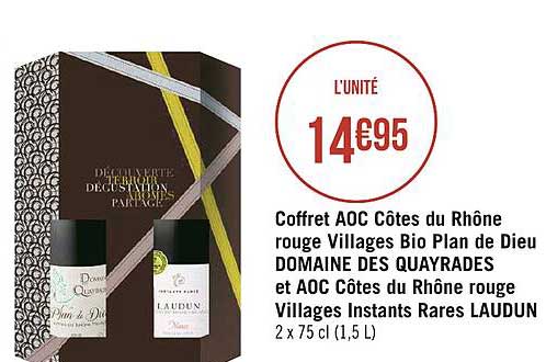 coffret aoc côtes du rhône rouge villages bio plan de dieu domaine des quayrades et aoc côtes du rhône rouge villages instants rares laudun