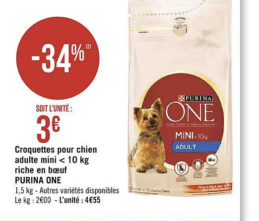 croquettes pour chien adulte mini 10 kg riche en bœuf purina one