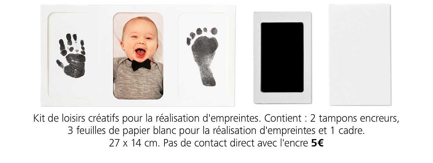 kit de loisirs créatifs pour la réalisation d'empreintes. Contient : 2 tampons encreurs, 3 feuilles de papier blanc pour la réalisation d'empreintes et 1 cadre. 27 x 14cm . Pas de contact direct avec l'encre