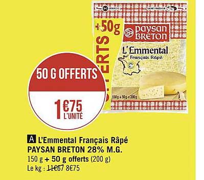 l'emmental français râpé paysan breton 28% m.g.