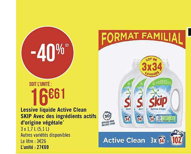 lessive liquide active clean skip avec des ingrédients actifs d'origine végétale