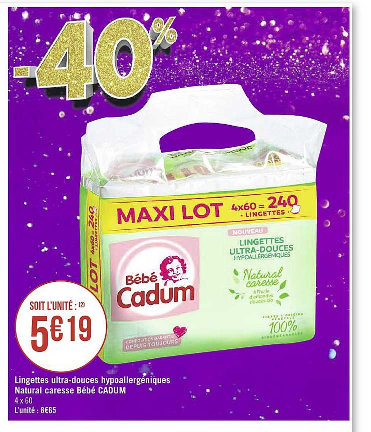 lingettes ultra-douces hypoallergéniques natural caress bébé cadum