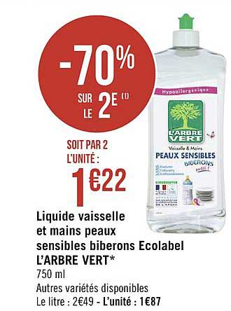 liquide vaisselle et mains peaux sensibles biberons ecolabel l'arbre vert