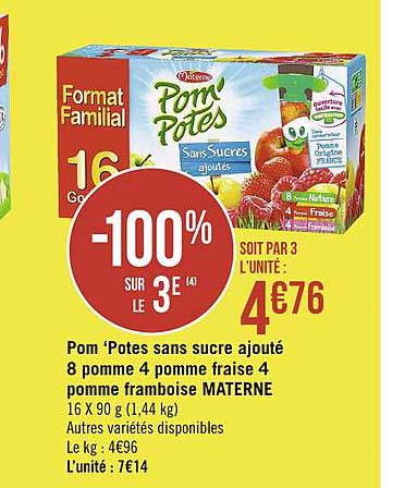pom'potes sans sucre ajouté 8 pommes 4 pomme fraise 4 pomme framboise materne