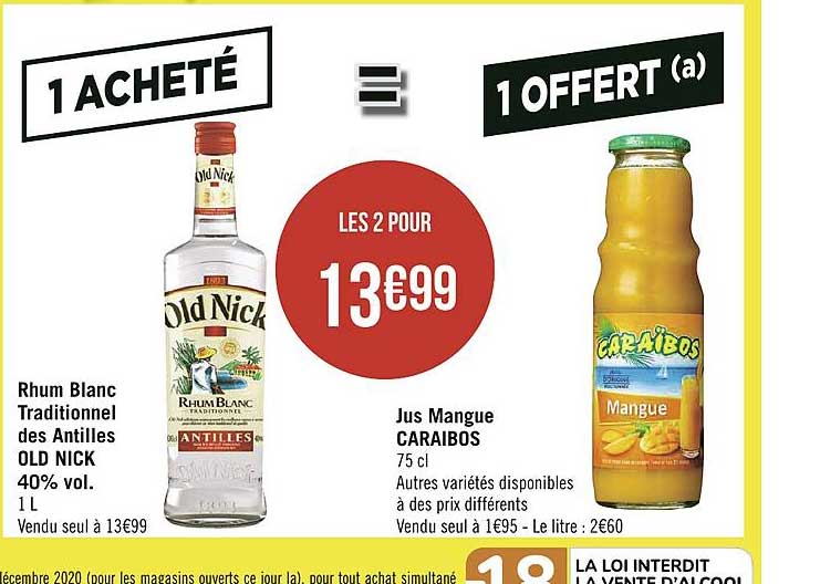 rhum blanc traditionnel des antilles old nick 40% vol. , jus mangues caraibos