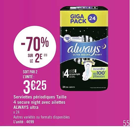 serviettes périodiques taille 4 secure night avec ailettes always ultra