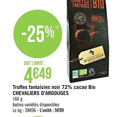 Truffes Fantaisies Noir 72% Cacao Bio Chevaliers D'argouges