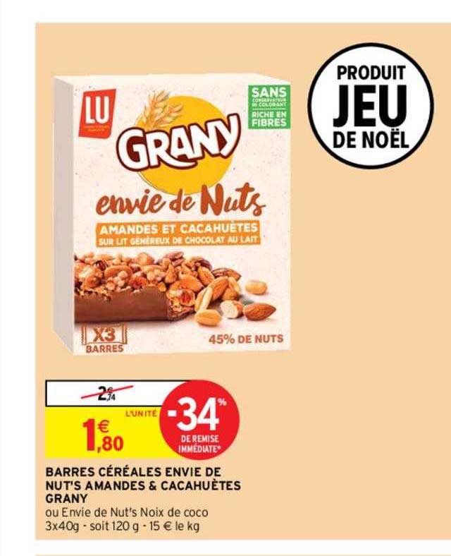 barres céréales envie de nut's amandes & cacahuètes grany