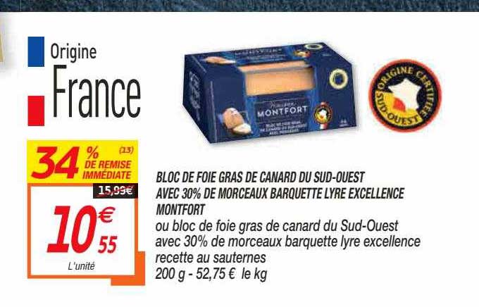 bloc de foie gras de canard du sud-ouest avec 30% de morceaux barquette lyre excellence montfort