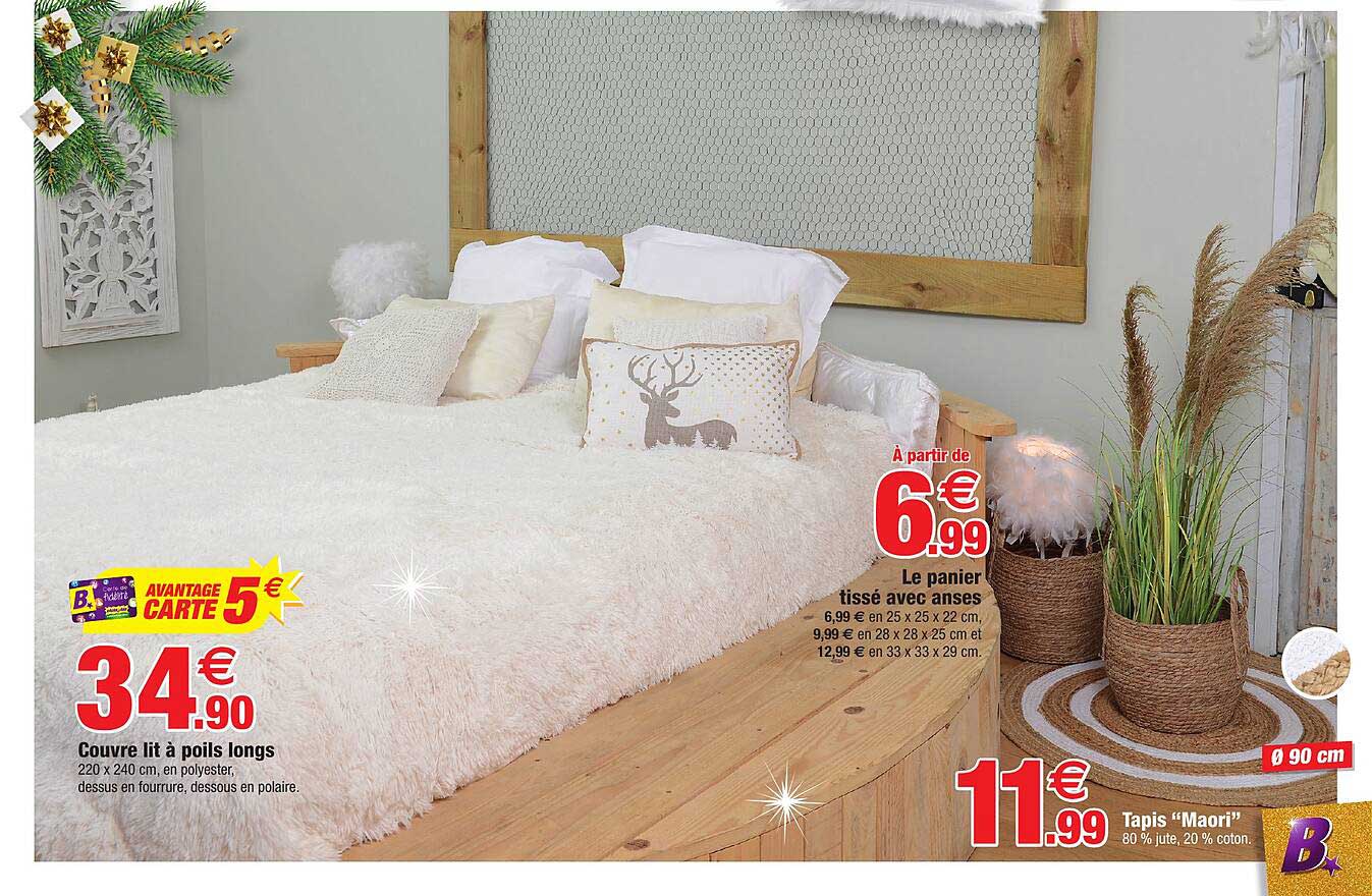 couvre lit à poils longs, le panier tissé avec anses, tapis "maori"