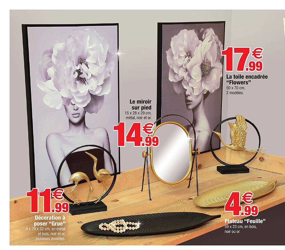 Décoration à Poser "grue", Le Miroir Sur Pied, La Toile Encadrée "flowers", Plateau "feuille"