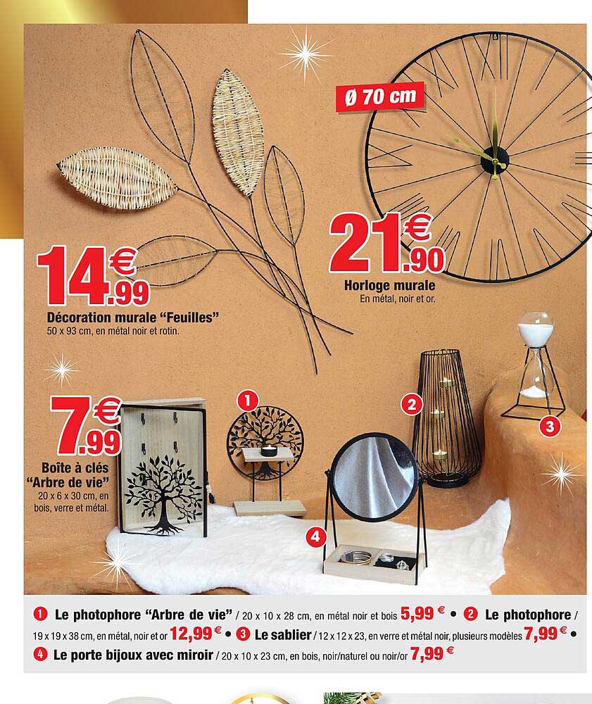 décoration murale "feuilles", horloge murale, boîte à clés "arbre de vie", le photohore "arbre de vie", le sablier, le porte bijoux avec miroir