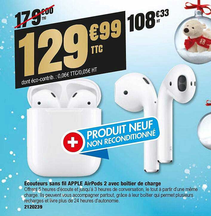 écouteurs sans fil apple airPods 2 avec boîtier de charge