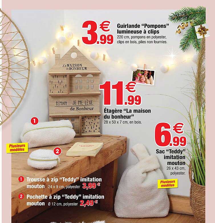 guirlande "pompons" lumineuse à clips, étagère "la maison du bonheur", sac "teddy" imitation mouton, trousse à zip "teddy" imitation mouton, pochette à zip "teddy" imitation mouton