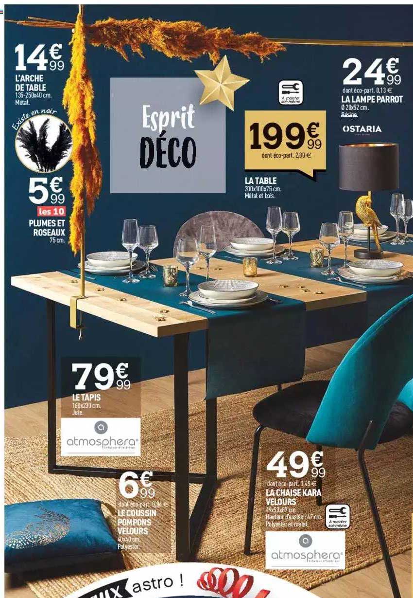 l'arche de table, plumes et roseaux, la lampe parrot, la table, le tapis, le coussin pompons, la chaise kara velours