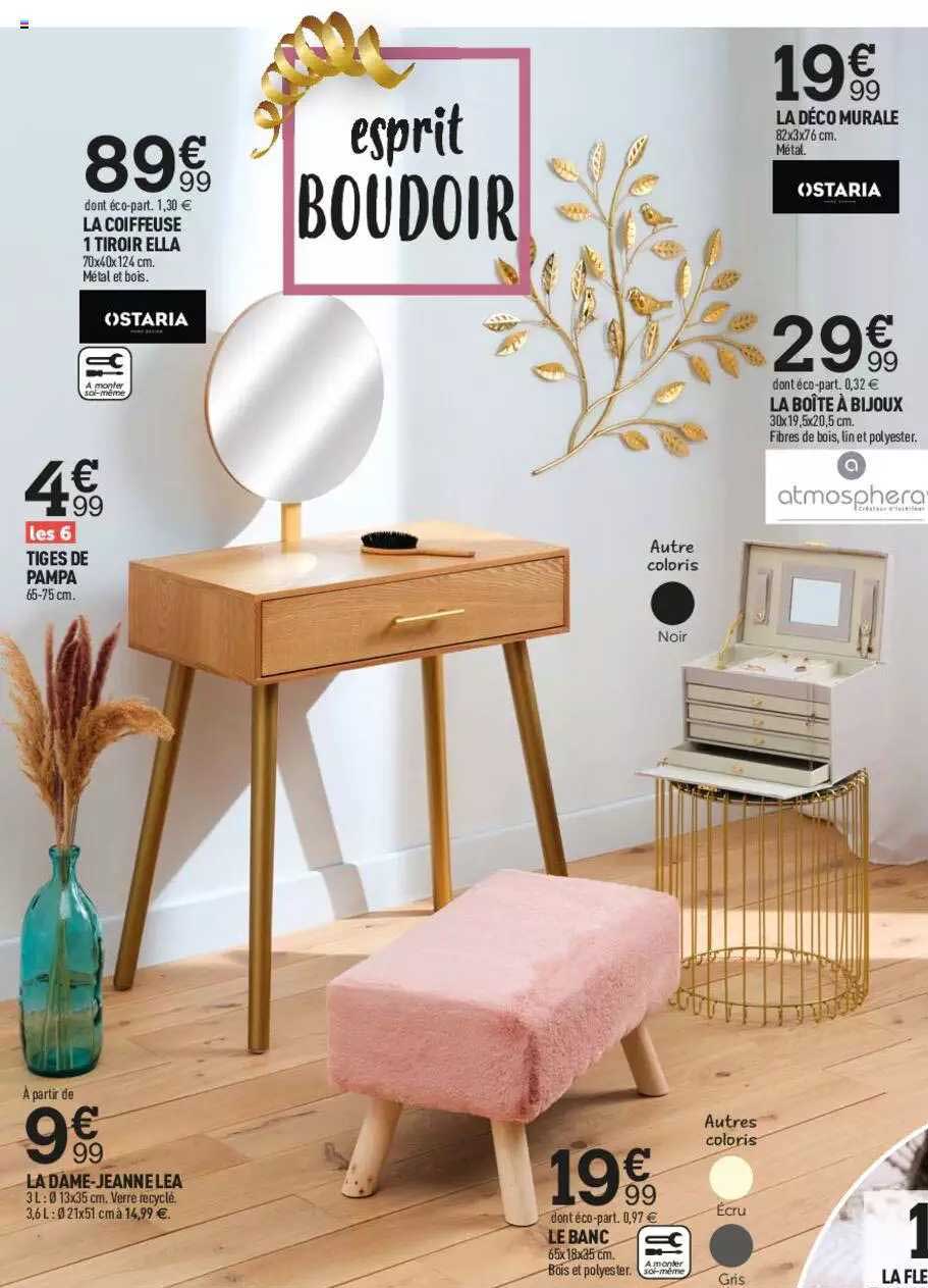 la coiffeuse 1 tiroir ella, tiges de pampa, ladame-jeanne lea, le banc, la boîte à bijoux, la déco murale