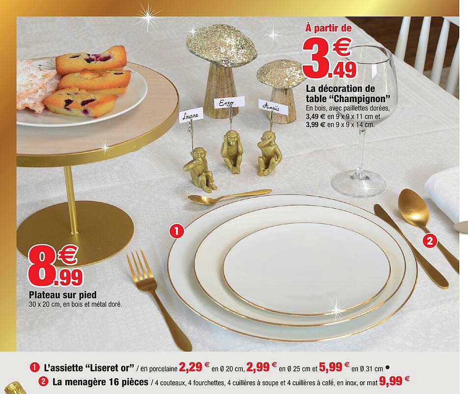 la décoration de table"champignon", plateau sur pied, l'assiette "liseret or", la ménagère 16 pièces