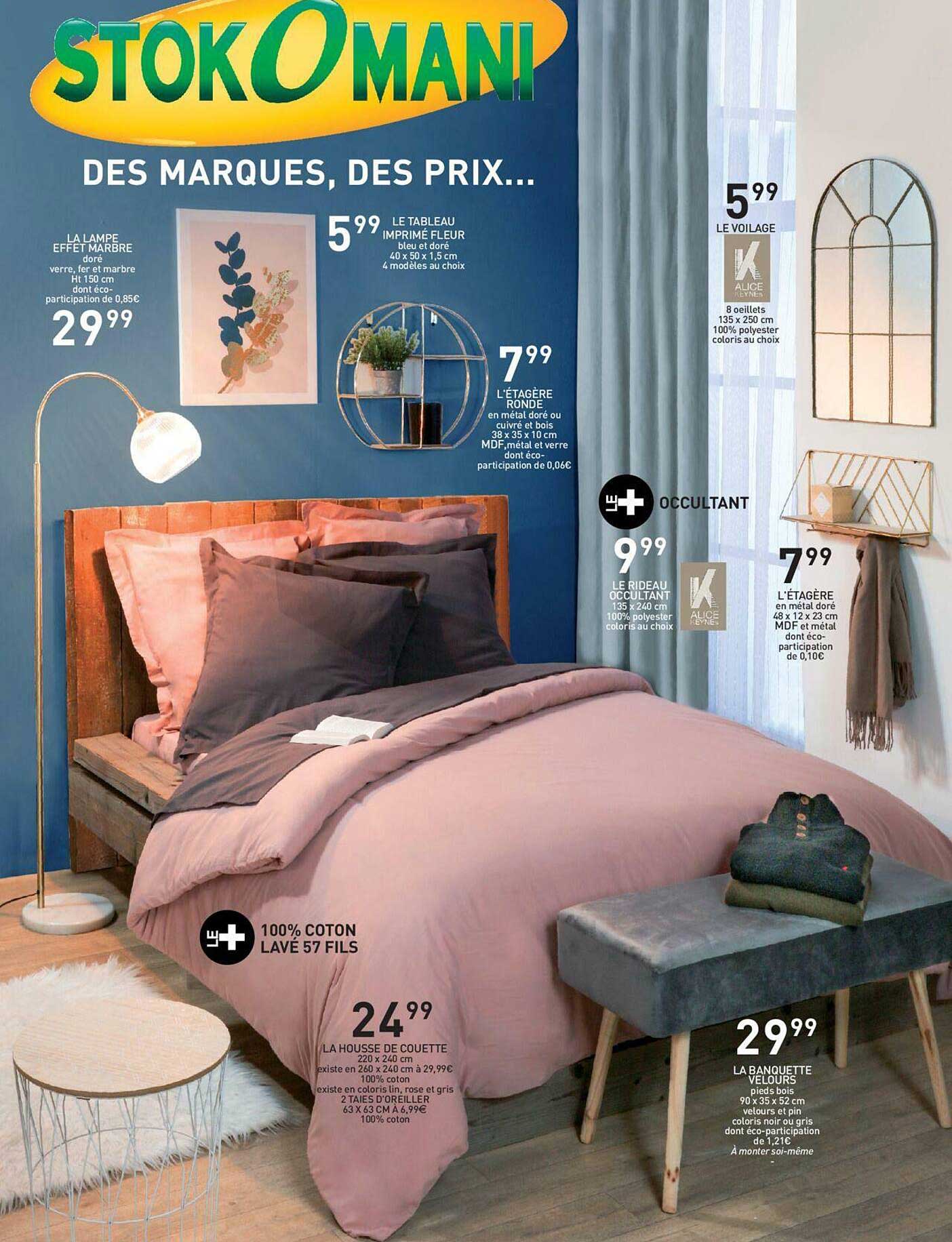 la lampe effet marbre, le tableau imprimé fleur, l'étagère ronde, le voilage, le rideau occultant, l'étagère, la housse de couette, la banquette velours