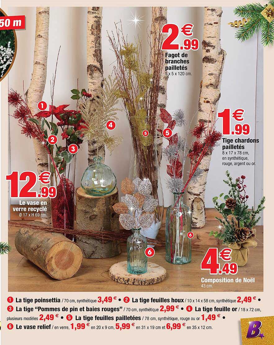 le vase en verre recyclé, fagot de branches pailletés, tige chardons pailletés, composition de noël