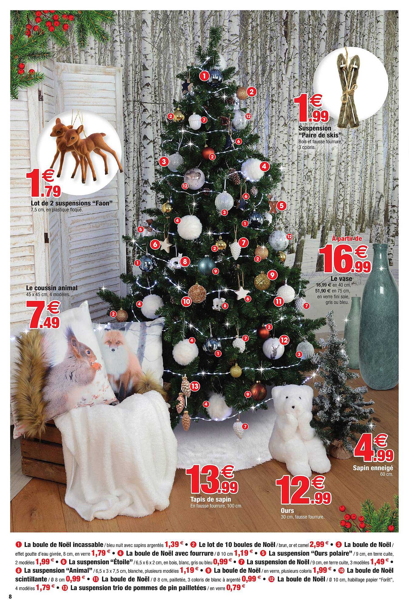 lot de 2 suspension "faon", suspension "paire de skis", coussin animal, le vase, tapis de sapin, ours, sapin enneigé