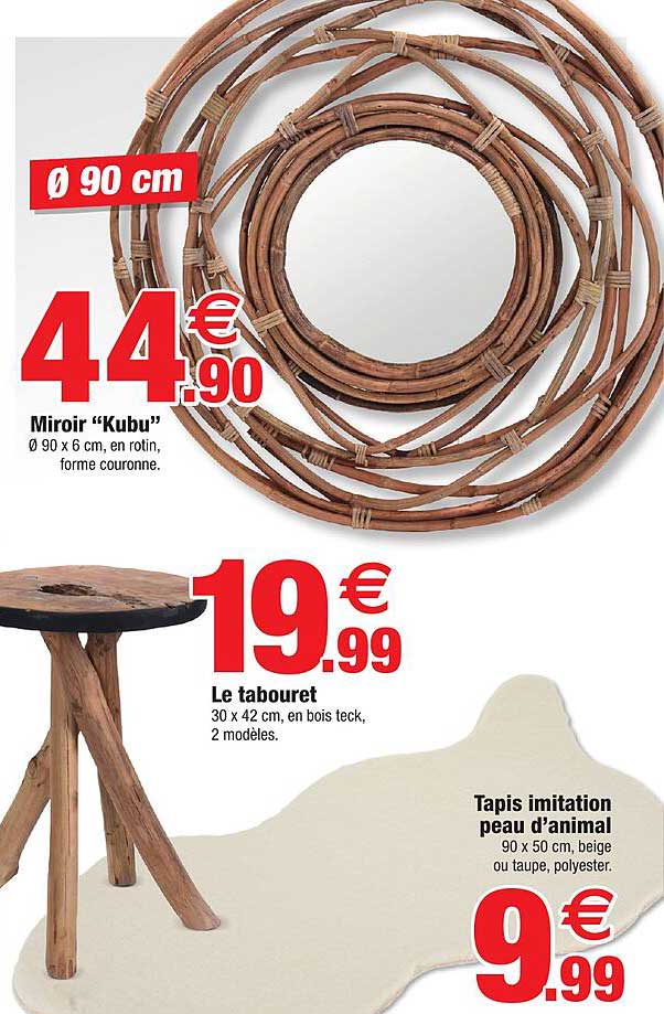 miroir "kubu", le tabouret, tapis imitation peau d'animal