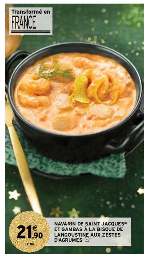 navarin de saint jacques et gambas à la bisque de langoustine aux zestes d'agrumes