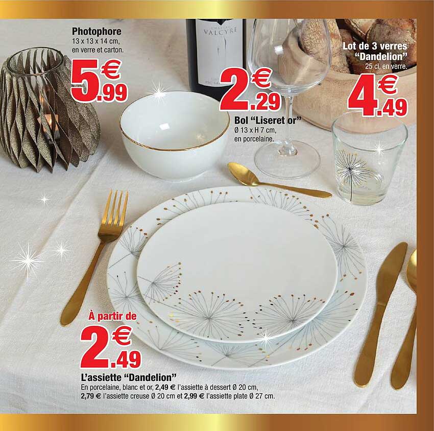 photophore, bol "liseret or", lot de 3 verres "dandelion", l'assiette "dandelion"