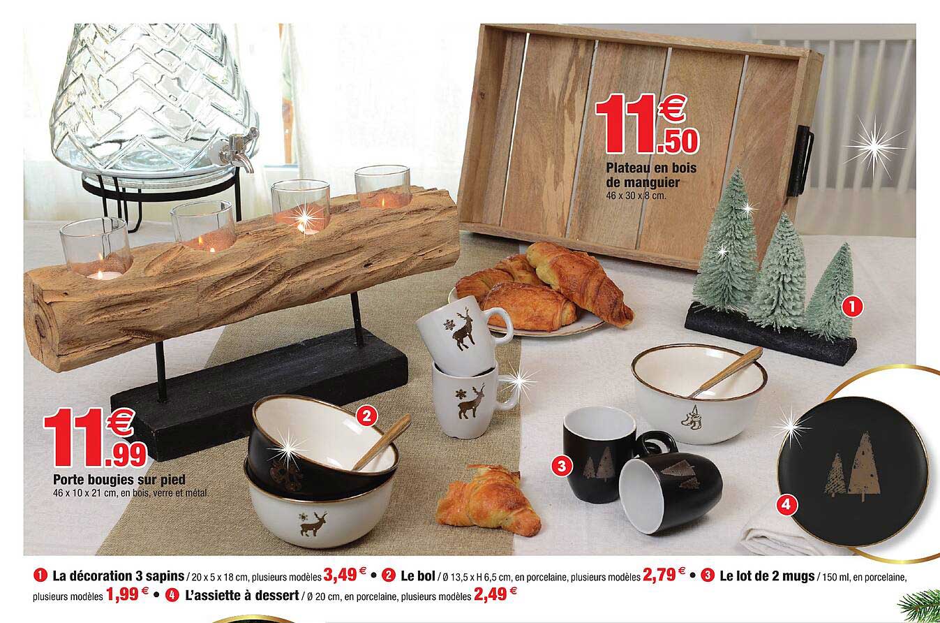 porte bougies sur pied, plateau en bois de manguier, la décoration 3 sapins, le bol, le lot de 2 mugs, l'assiette à déssert