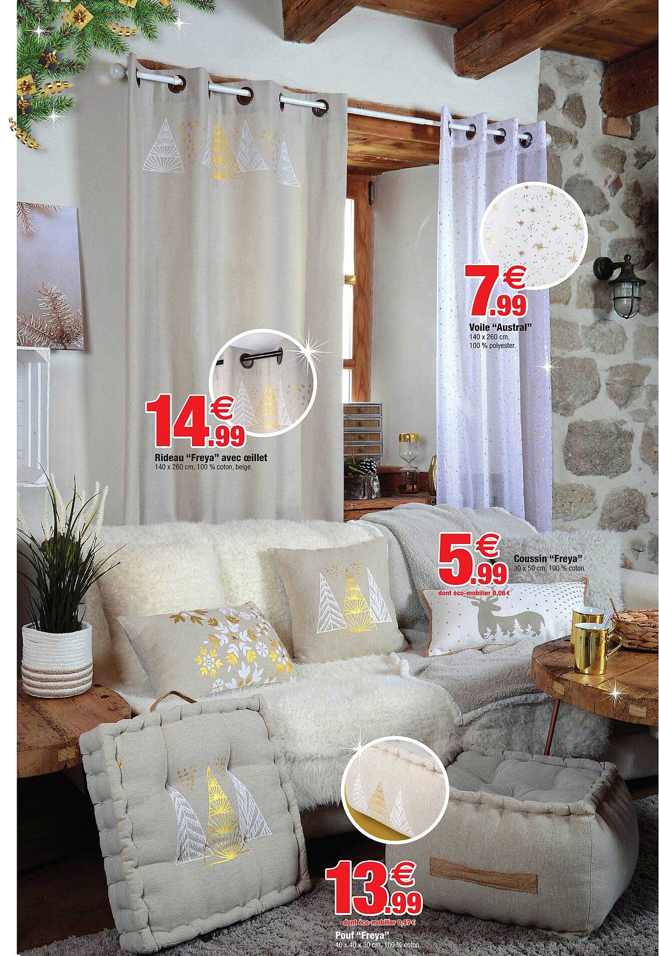 rideau "freya" avec œillet, voile "austral", coussin "freya", pouf "freya"