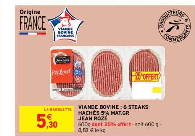 viande bovine : 6 steaks hachés 5% mat. gr. jean rozé