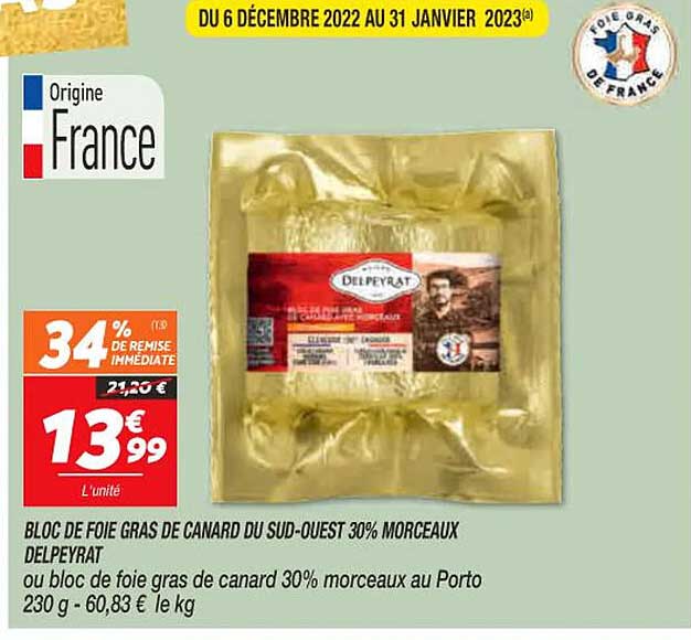 bloc de foie gras de canard du sud-ouest 30% morceaux delpeyrat